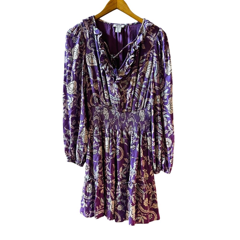 Haute Hippie Floral Long Sleeve Tie Neck Dress Size S Small Purple Multi - Picture 6 of 6